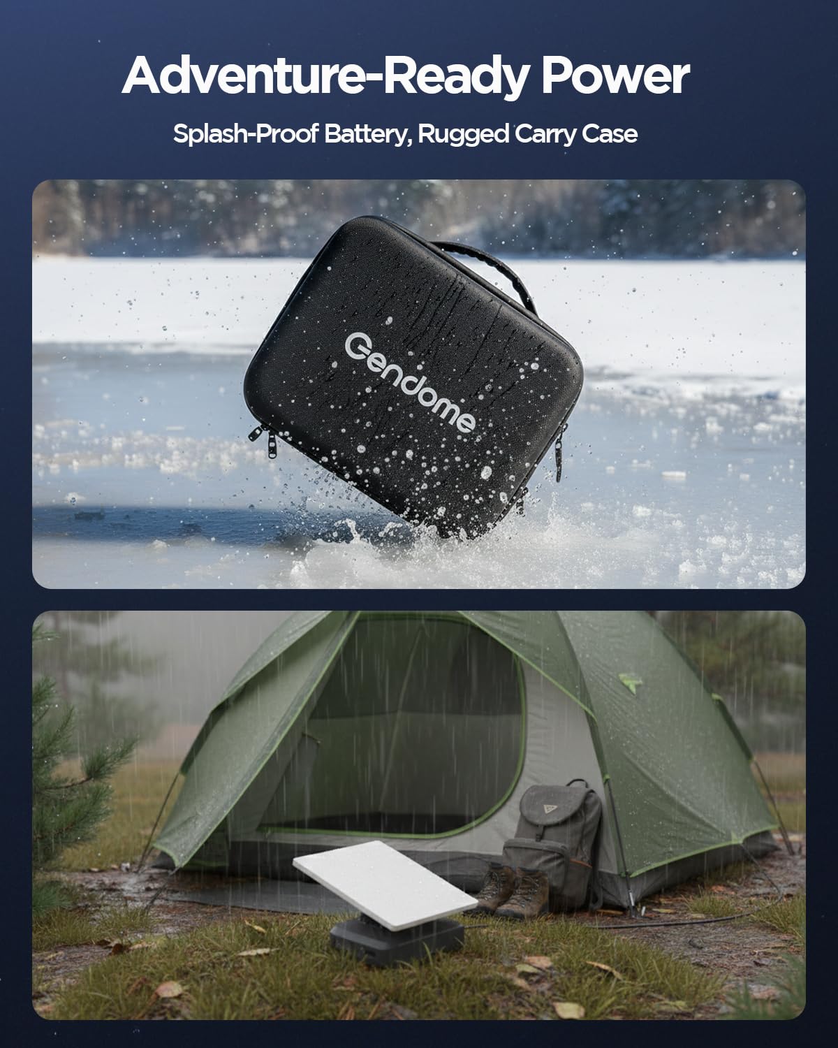GENDOME powering Starlink Mini at campsite showing reliable off-grid internet benefit