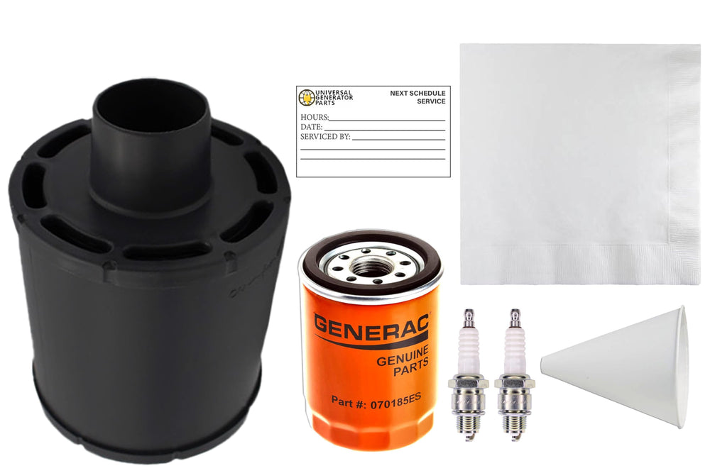 Generac 5663 kit laid out showing filters plug funnel and chamois for easier maintenance