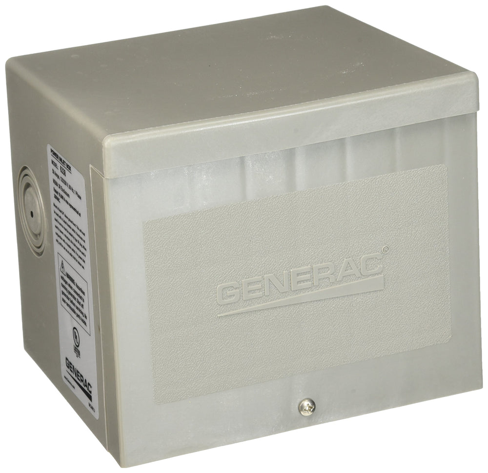 Generac 6338 front view on exterior wall showing inlet for secure generator hookup