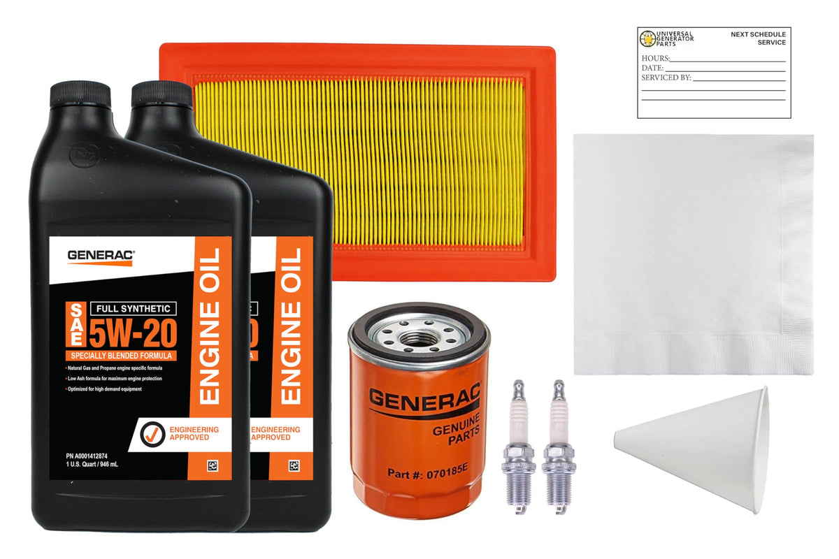 Generac maintenance kit front packaging showing contents and model 0J932300 benefit reliability