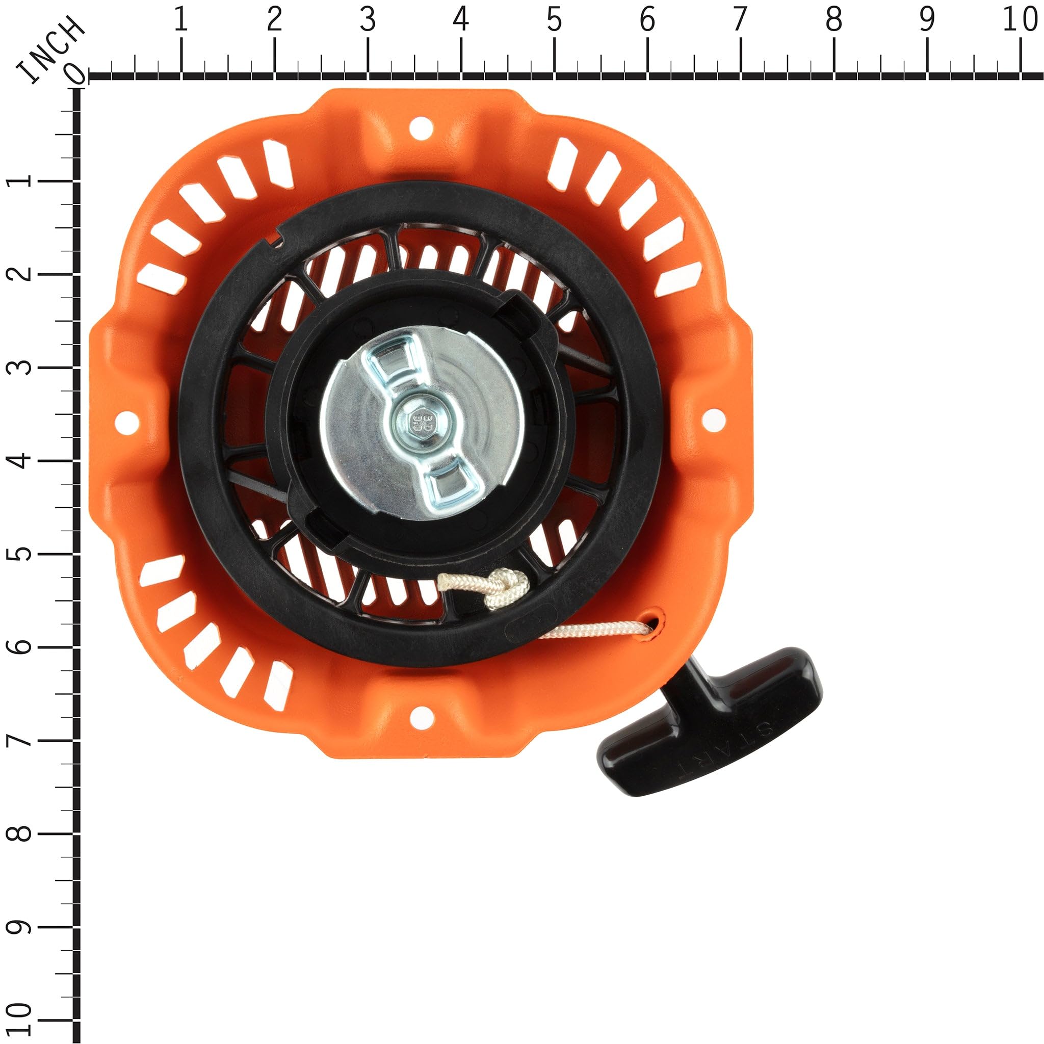 Generac recoil starter beside ruler size comparison for confirming correct part fit before purchase