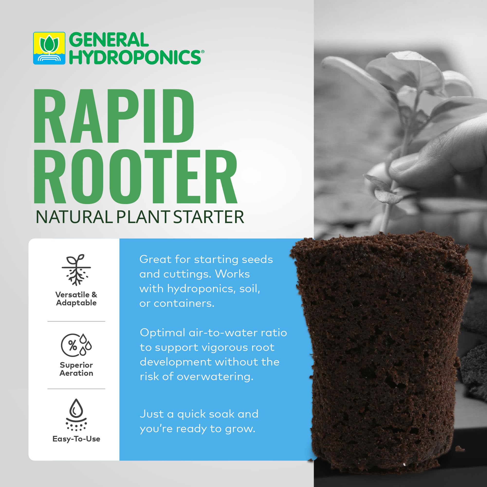 General Hydroponics close-up of plug fiber texture promoting aeration and growth