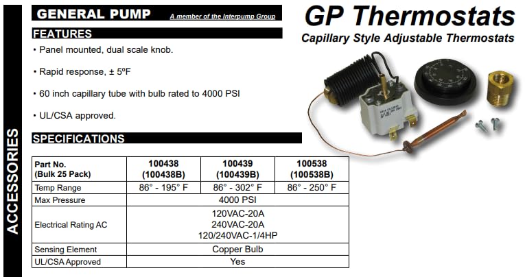 General Pump capillary tube and bulb close-up rated 4000 PSI for reliable pressure washer sensing