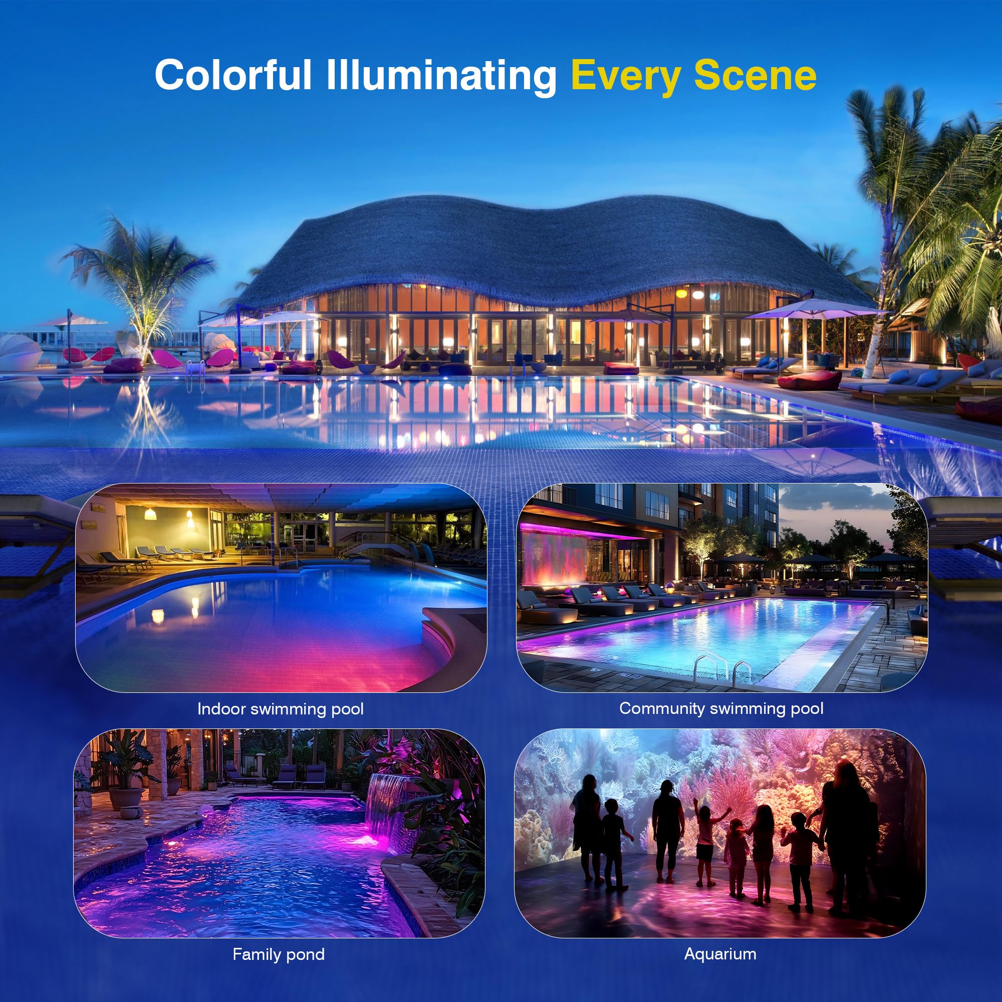 Generalman evening pool party lifestyle with lights synced to music for festive ambiance