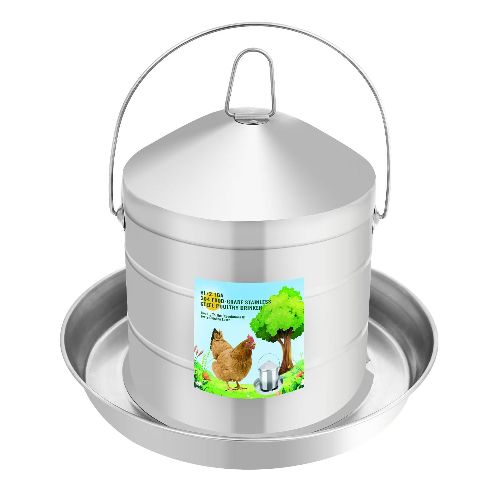 Generic 8L stainless steel waterer front view showing sturdy handle and basin benefit: durable hydration