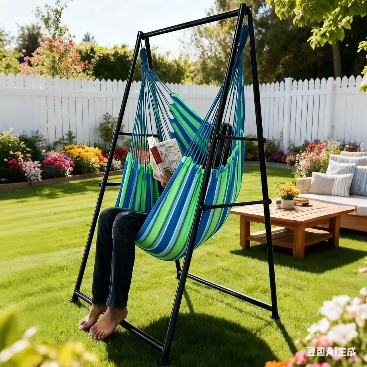Generic hammock chair placed on patio with plants — weather-resistant outdoor use