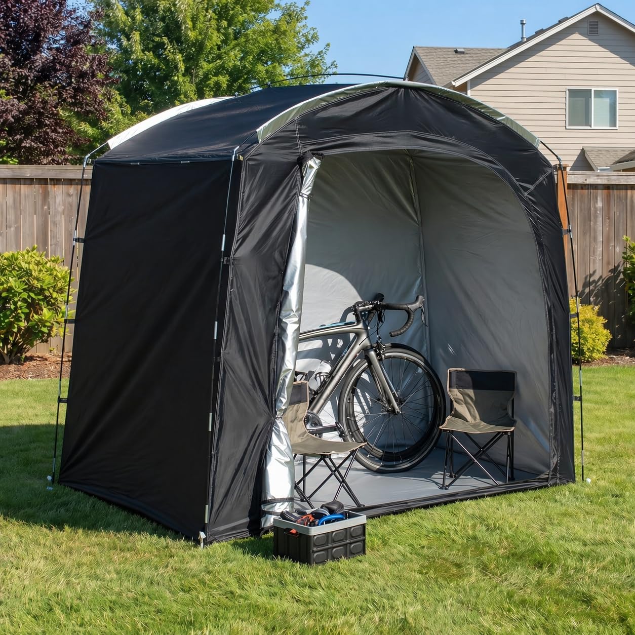 Generic bike tent front view showing full protection and easy access