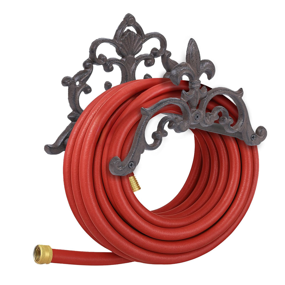 Generic cast iron hose holder front view showing sturdy support and neat storage benefit