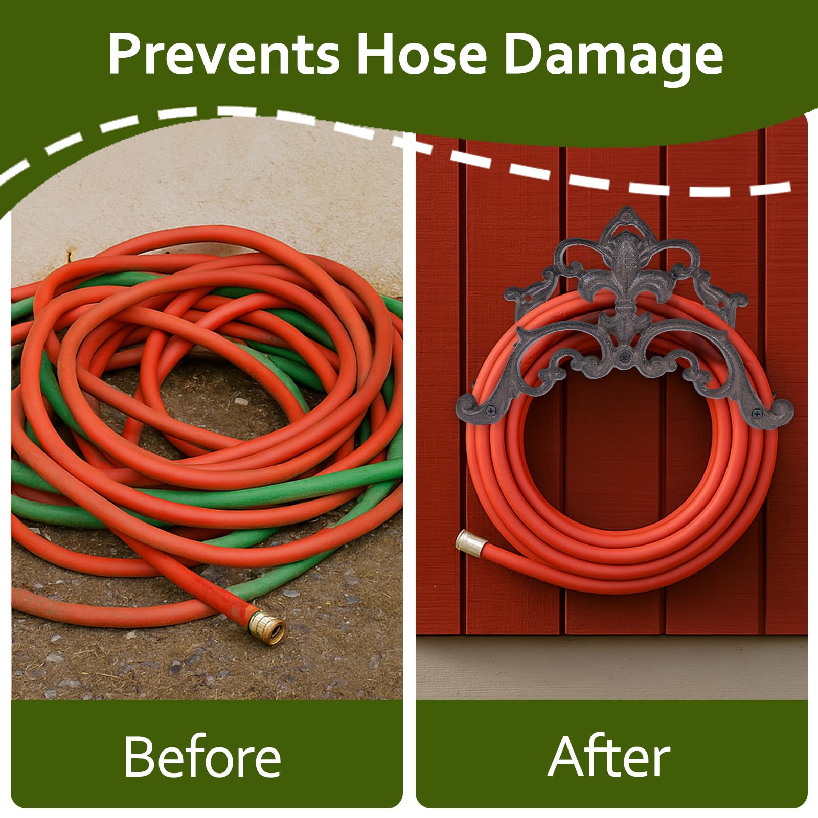Generic cast iron hose holder mounted on brick wall demonstrating secure outdoor placement benefit