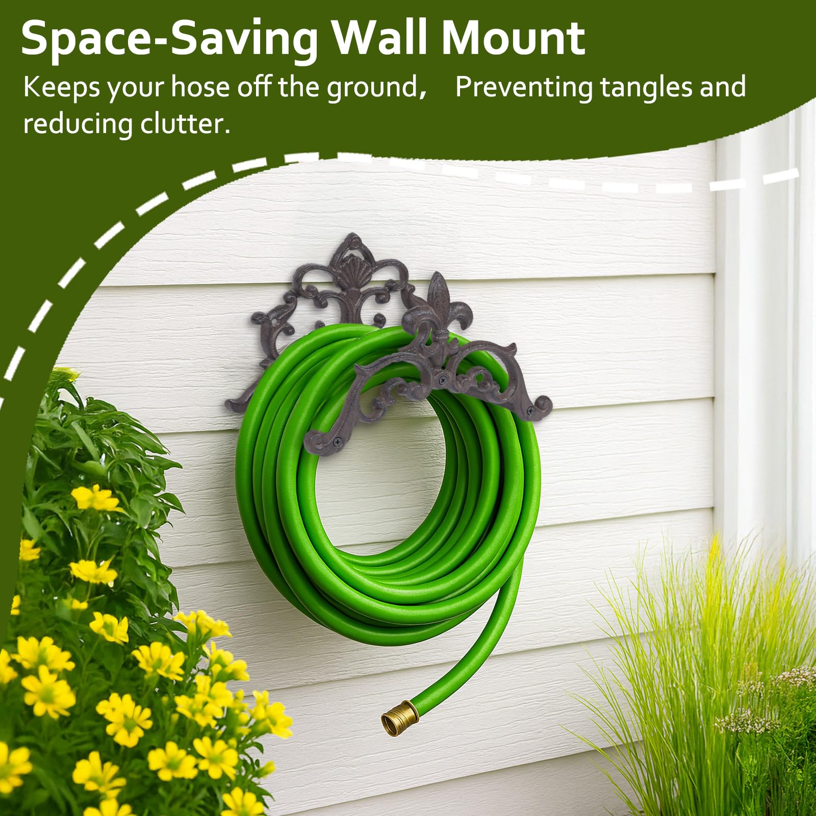 Generic cast iron hose holder side profile displaying compact wall-mount benefit