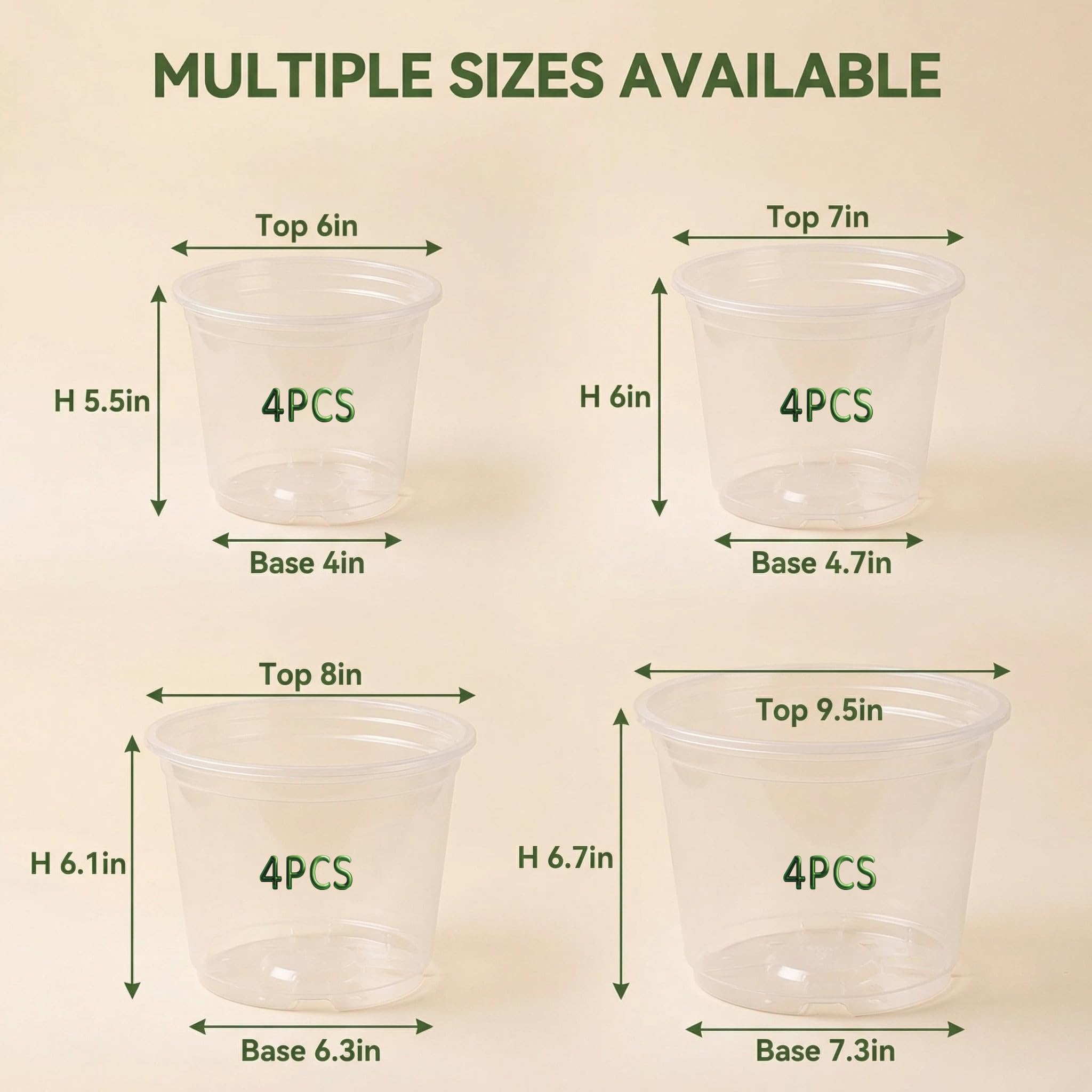 Generic clear pots side profile displaying 6,7,8,10 inch sizes for stage flexibility