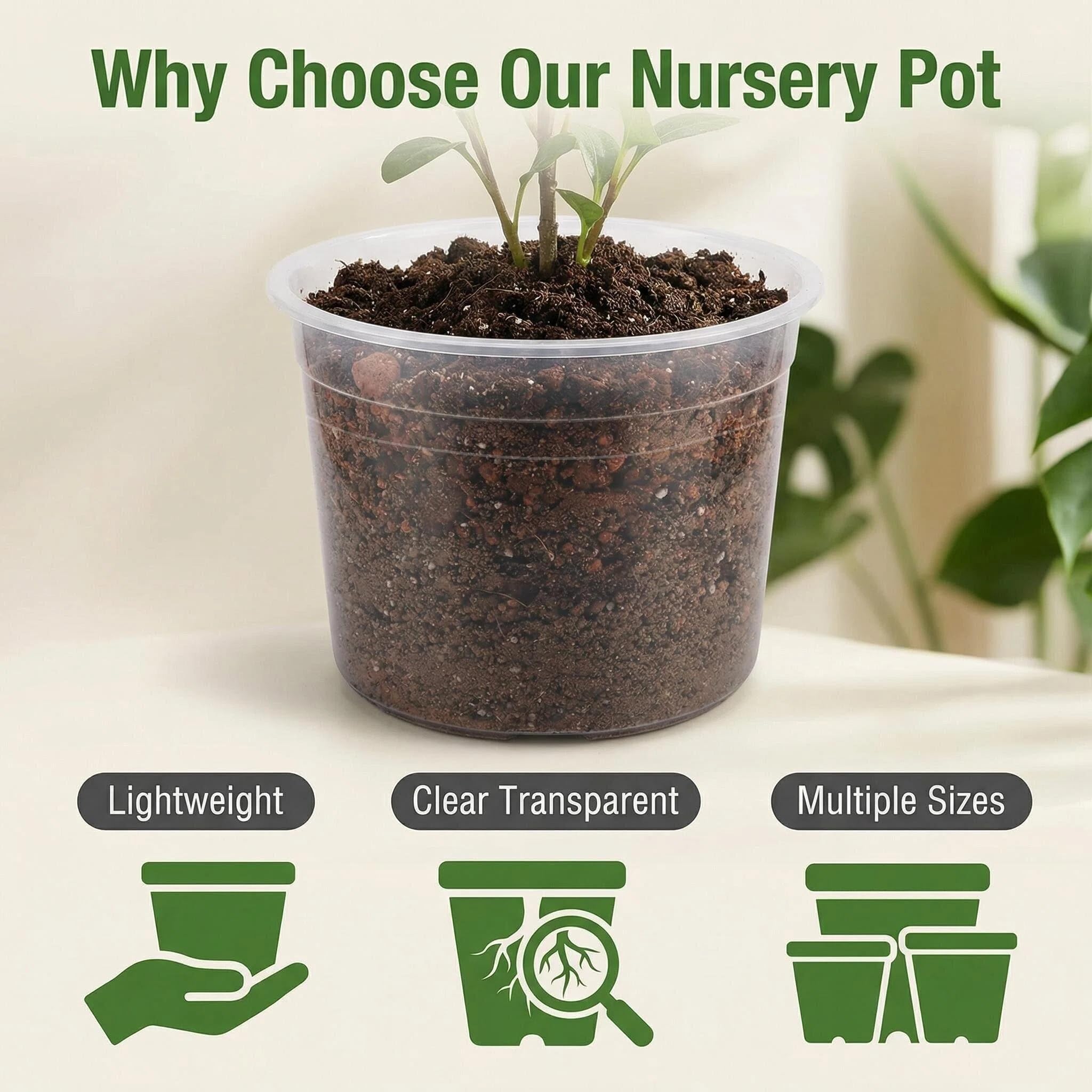 Generic clear pots stacked compactly for neat storage and easy handling