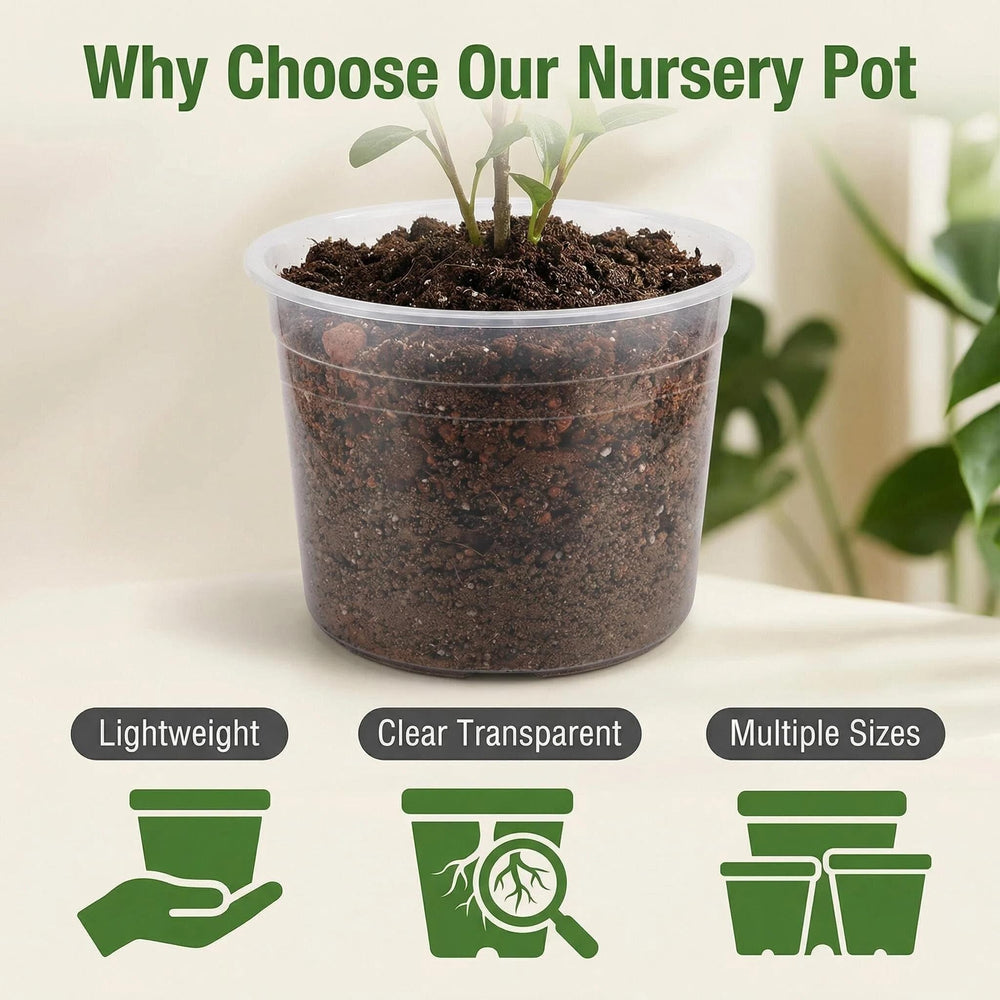 Generic clear pots stacked compactly for neat storage and easy handling