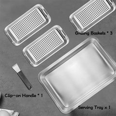 Generic clip-on handle attached to basket providing safe, hands-off handling