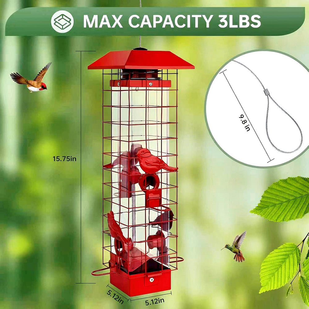 Generic brand feeder with wild birds feeding shows bird-friendly design benefit