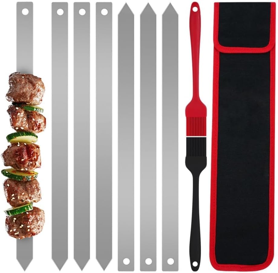 Generic brand front view of six flat skewers showing length and finish for stable grilling