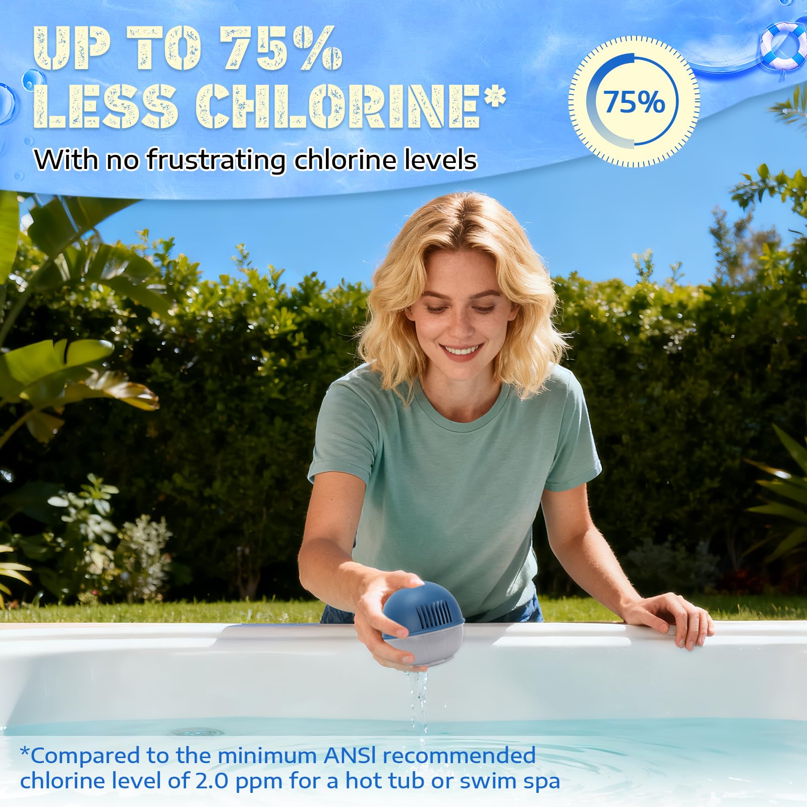 Generic cartridge floating in a hot tub demonstrating easy installation and continuous treatment