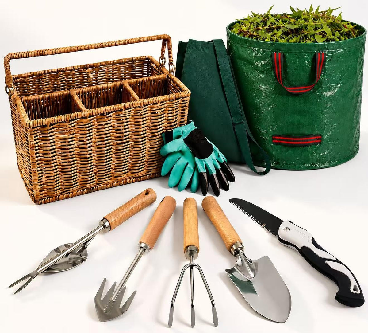 Generic front view of wicker basket with tools showing organized storage benefit