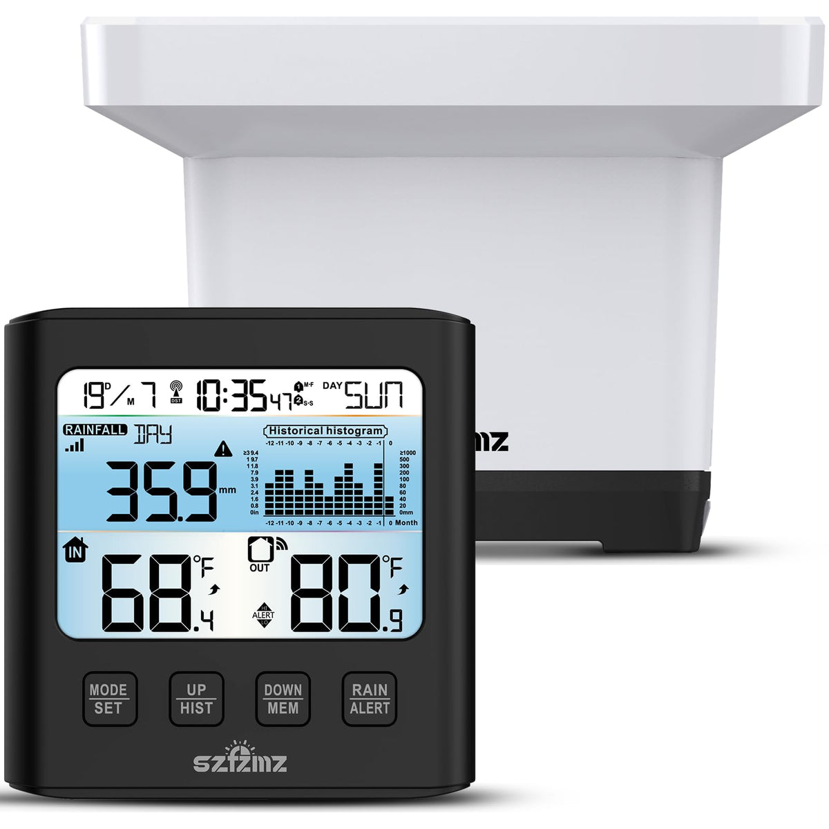 Generic brand front display showing rainfall and temperature for quick readings