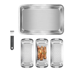 Generic front view of grill set showing tray and three baskets, delivering neat serving