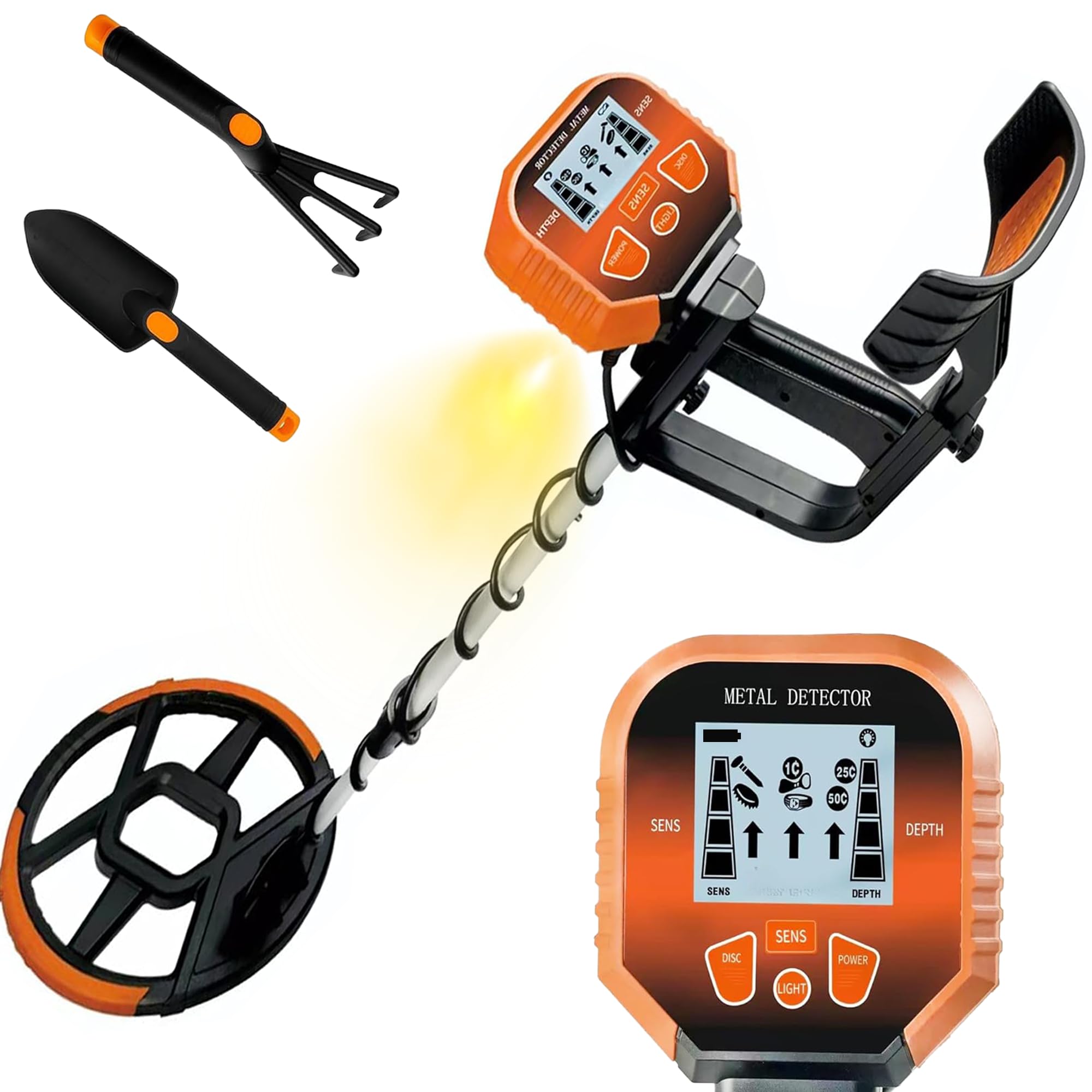 Generic metal detector front view showing controls and portability benefit