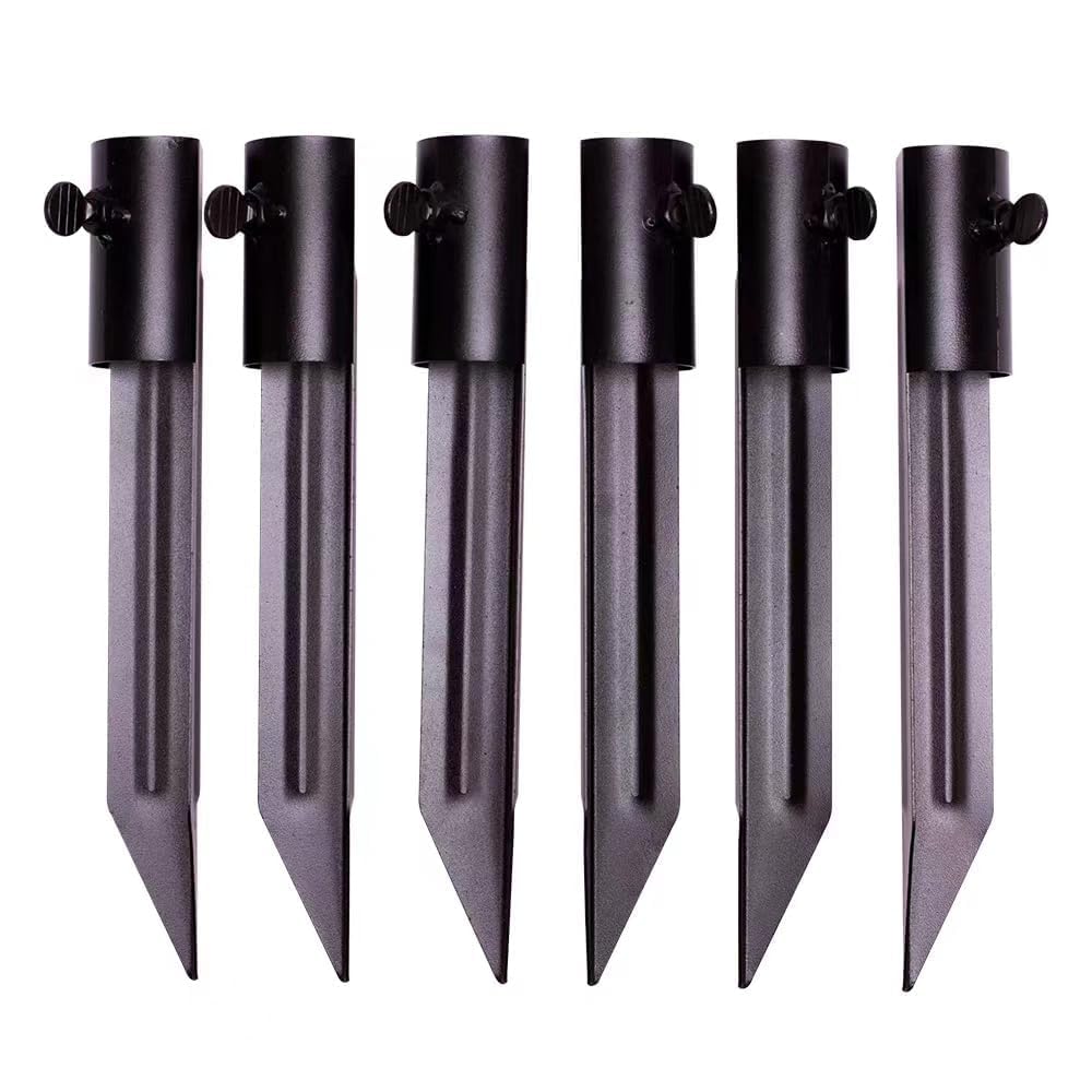 Generic front view of six metal light stakes showing sturdy design and organized pack