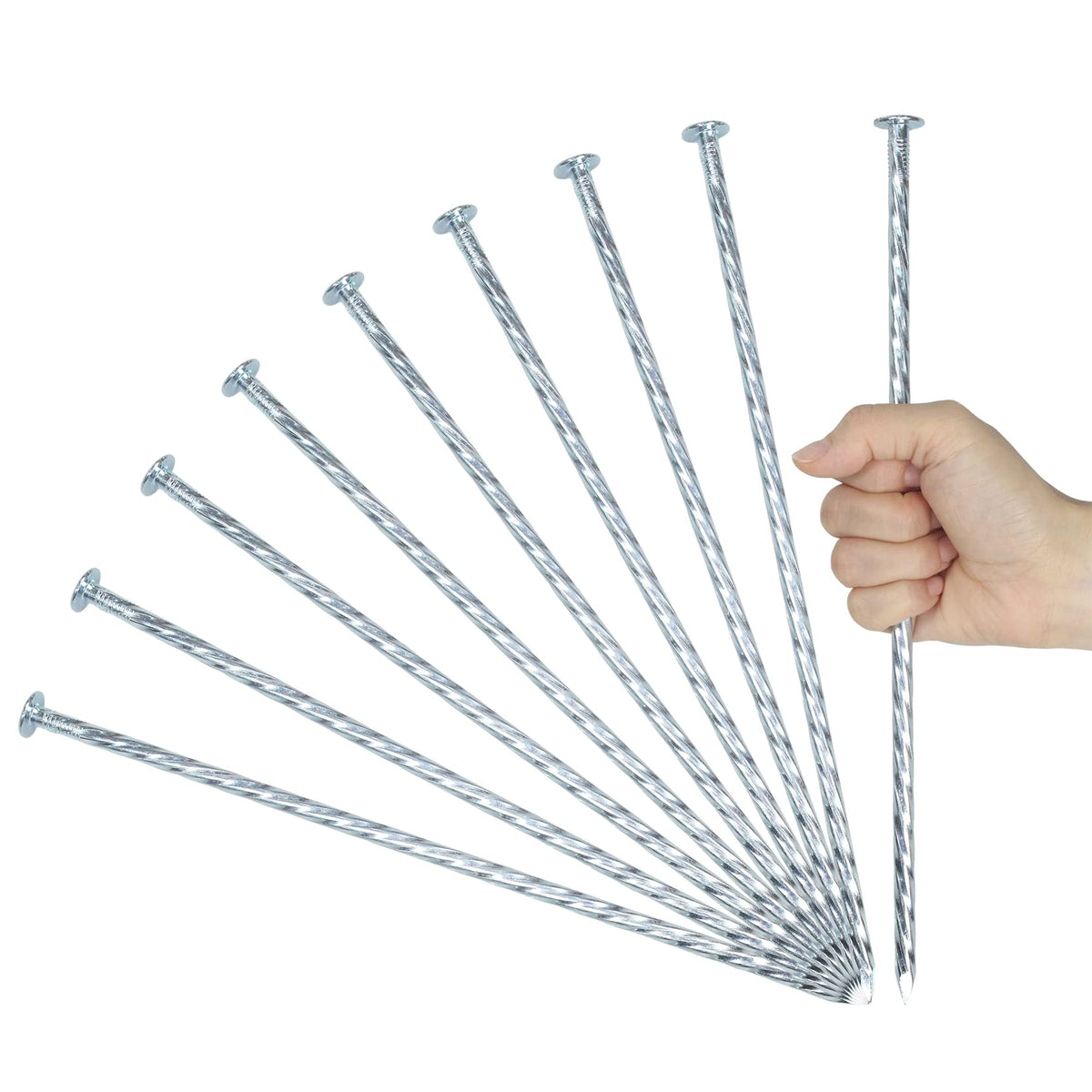 Generic 12-inch galvanized landscape stake front view showing sharp tip and finish, brand reliability