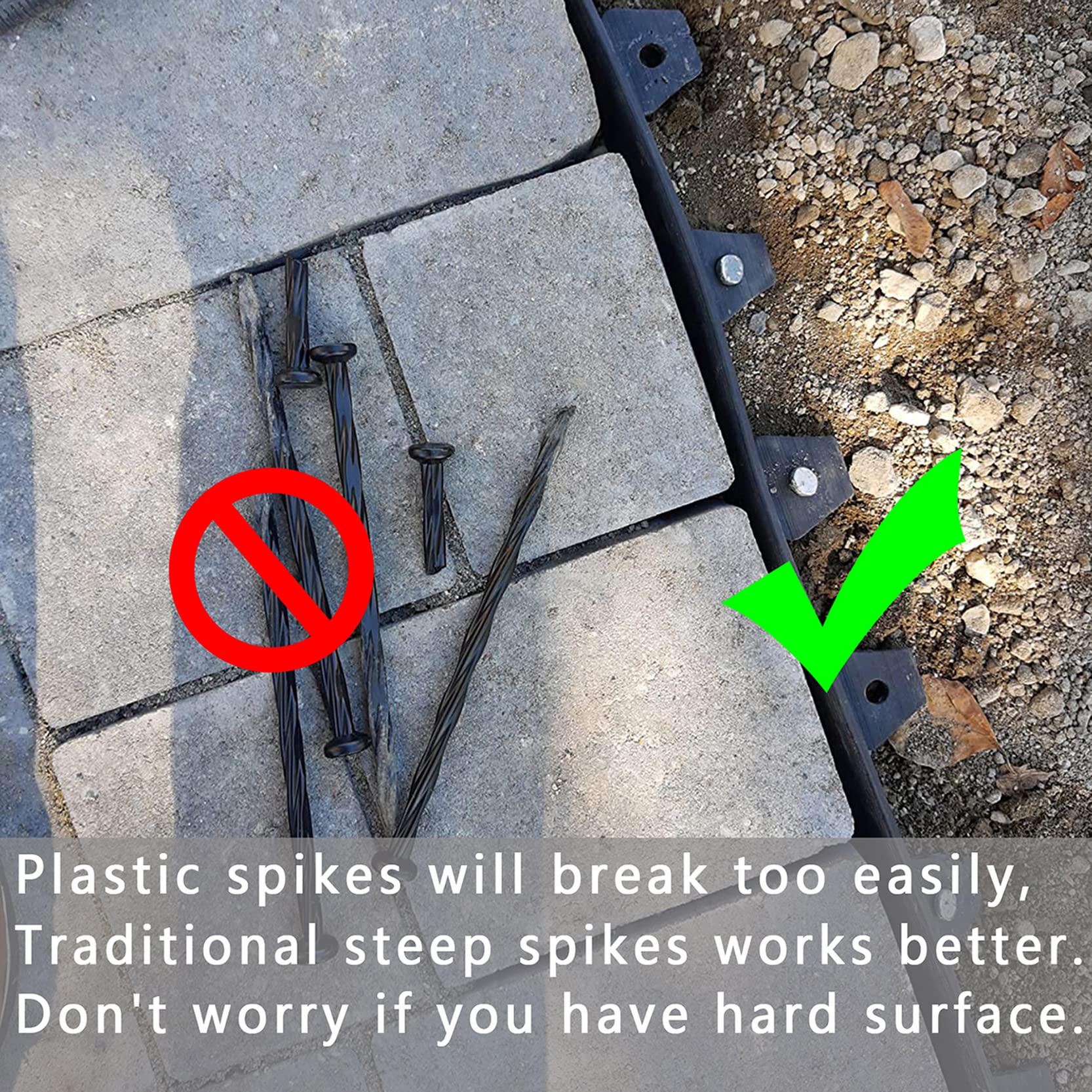 Generic stake driven into artificial turf demonstrating firm hold and reduced lifting risk