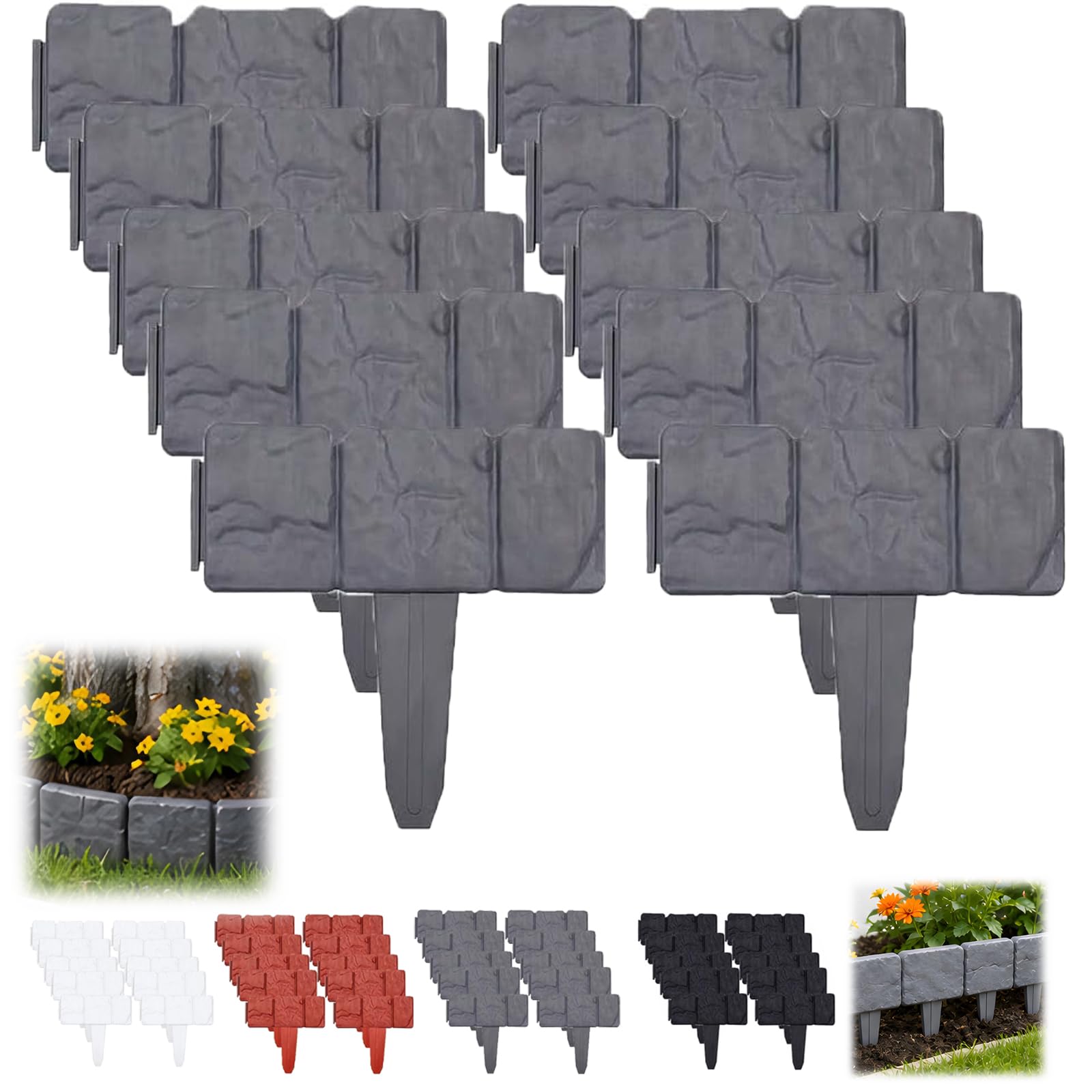 Generic brand front view of faux stone fence showing clean yard edge