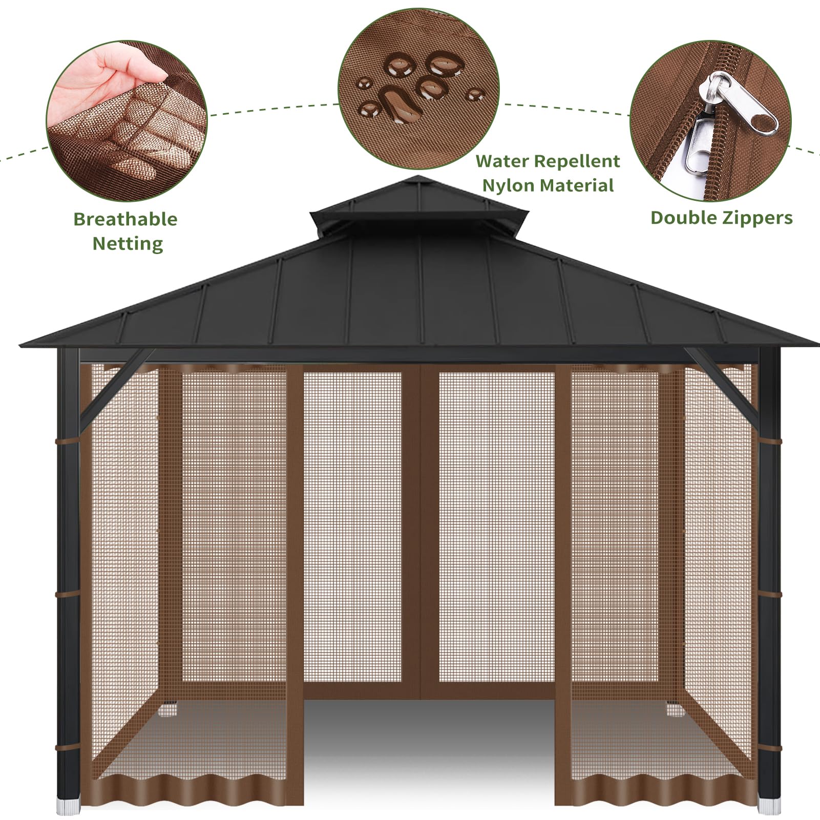 Generic gazebo netting in use on patio demonstrating mosquito protection while dining