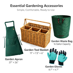 Generic gloves and tools arranged in basket compartments for tidy portability