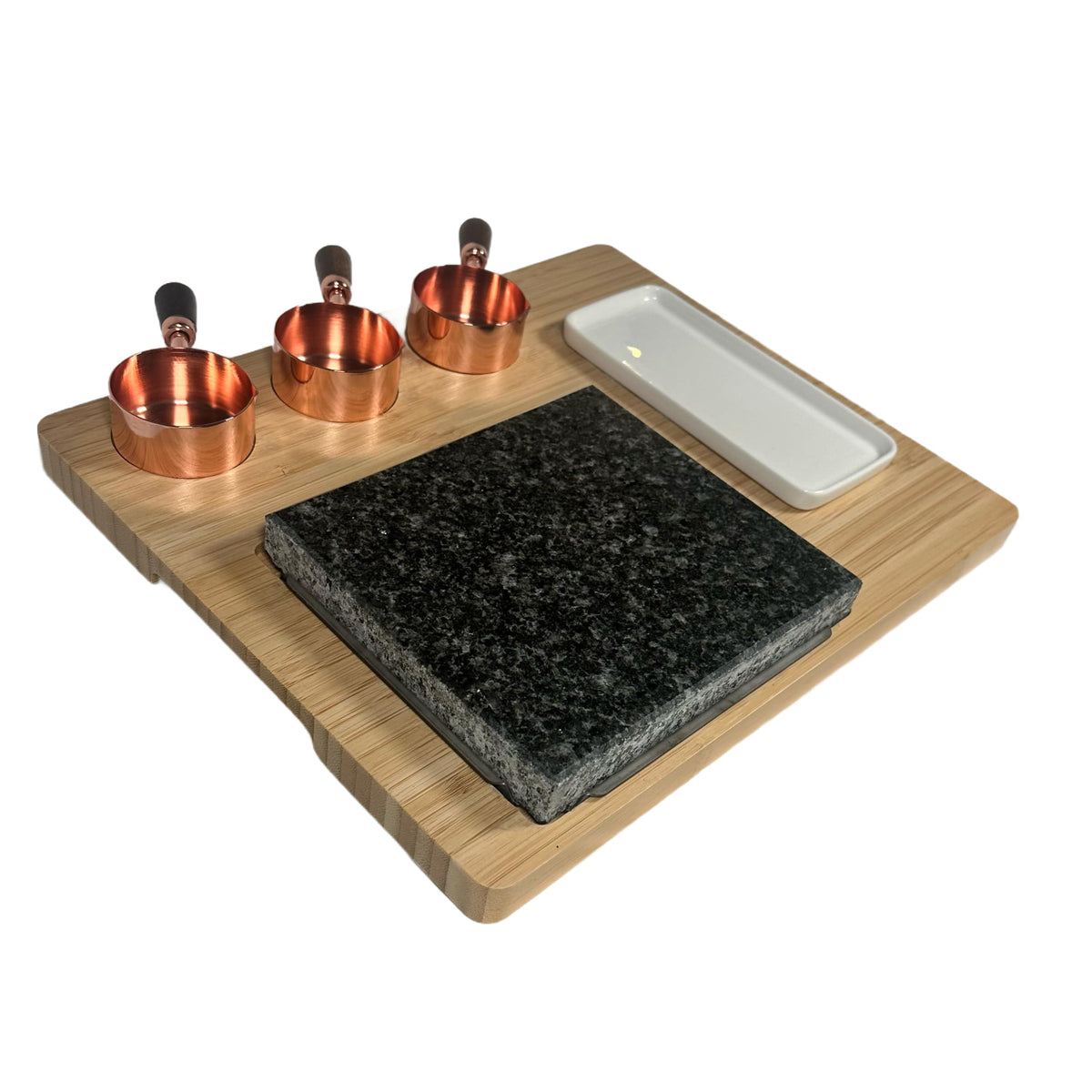 Generic brand granite slab front view showing sleek cooking surface and bamboo base, enhances presentation