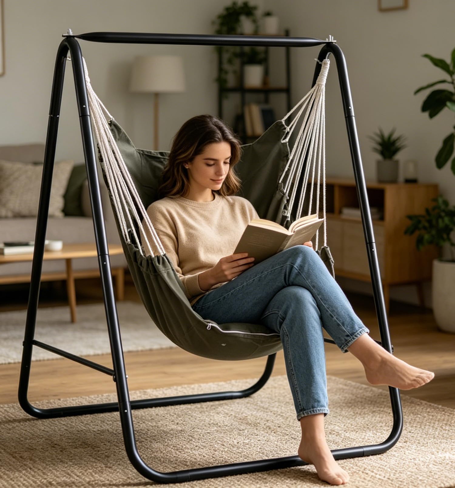 Generic brand hammock chair on patio illustrating relaxed outdoor use