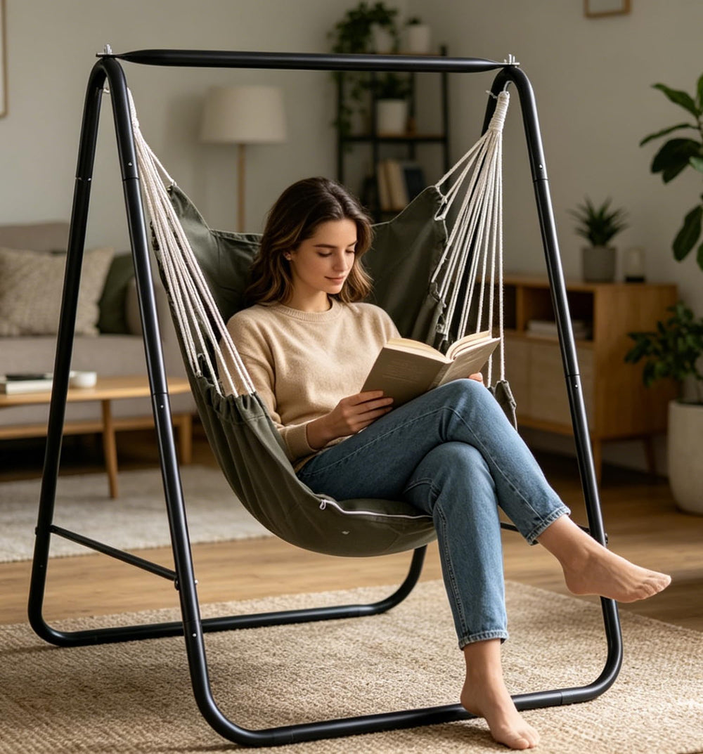 Generic brand hammock chair on patio illustrating relaxed outdoor use