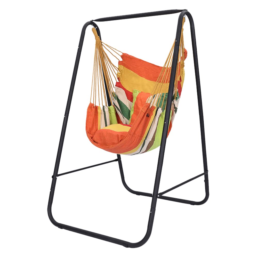 Generic hammock chair front view showing orange seat and sturdy stand benefit comfort