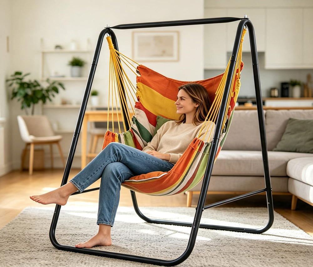 Generic hammock on patio scene showing outdoor use and weather-resistant frame benefit longevity