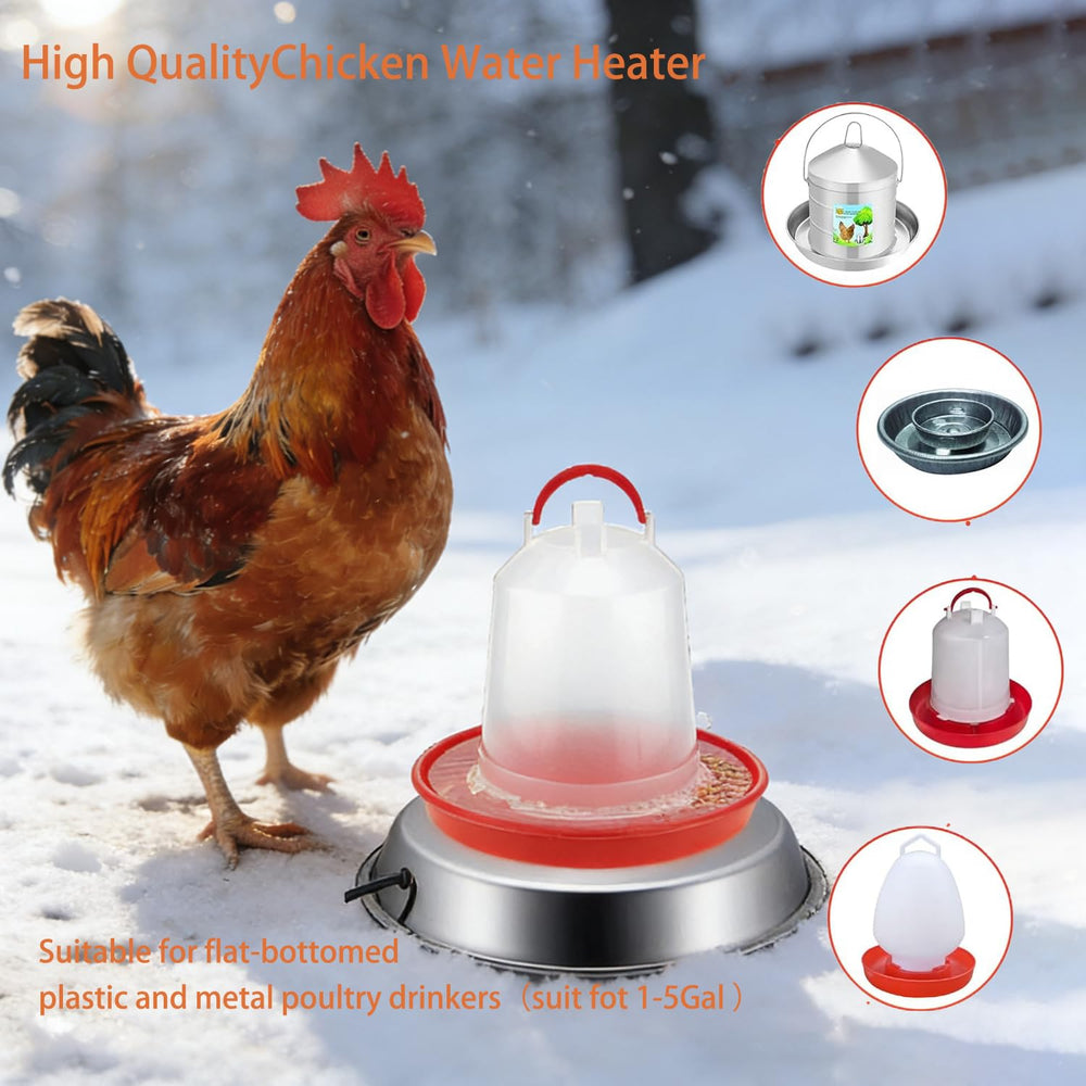 Generic base under metal waterer showing universal fit and even heating benefit