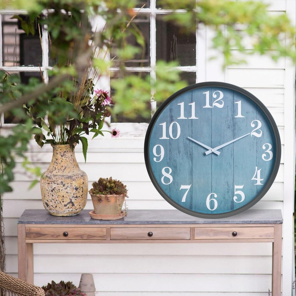 Generic clock mounted on patio wall illustrating outdoor durability and style