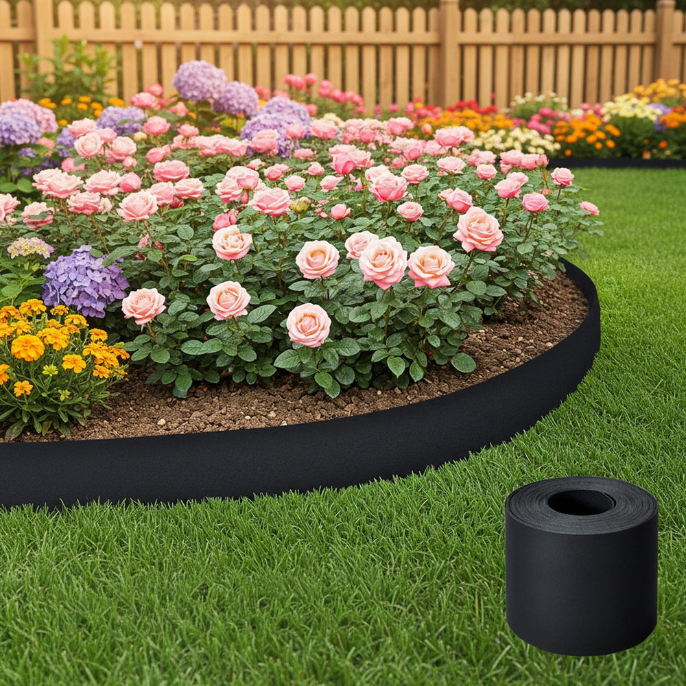 Generic brand edging bending around a curved flower bed for clean lines benefit