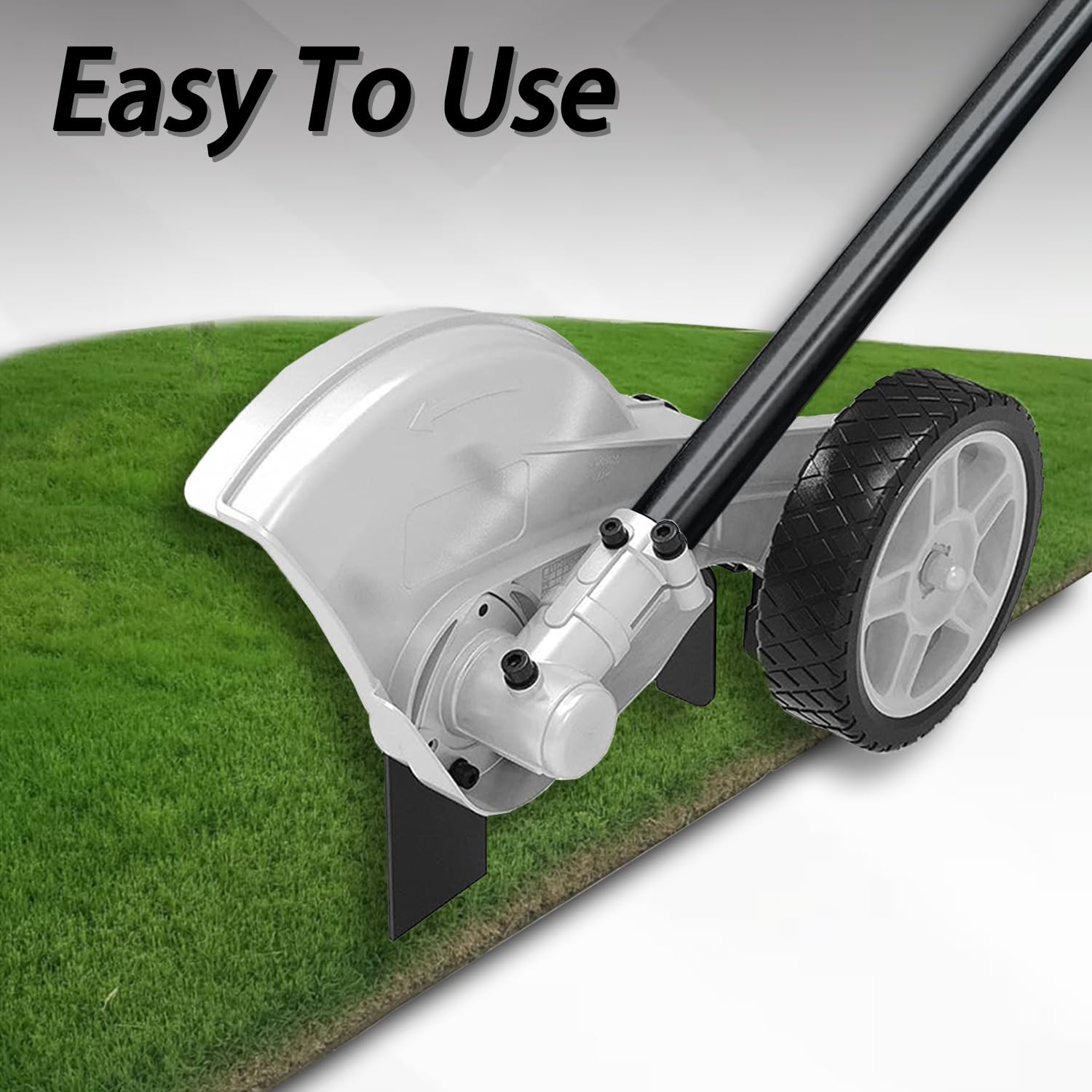 Generic edger mounted on a trimmer in use, demonstrates simple install and control
