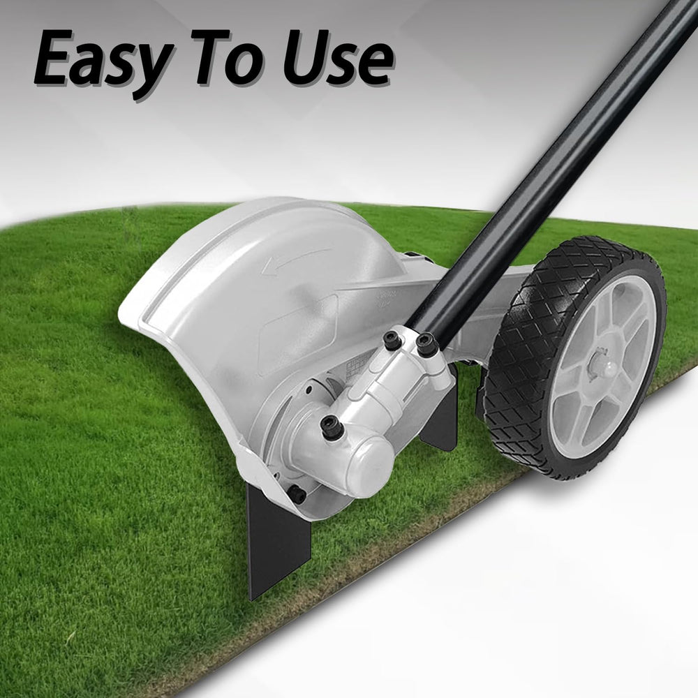Generic edger mounted on a trimmer in use, demonstrates simple install and control