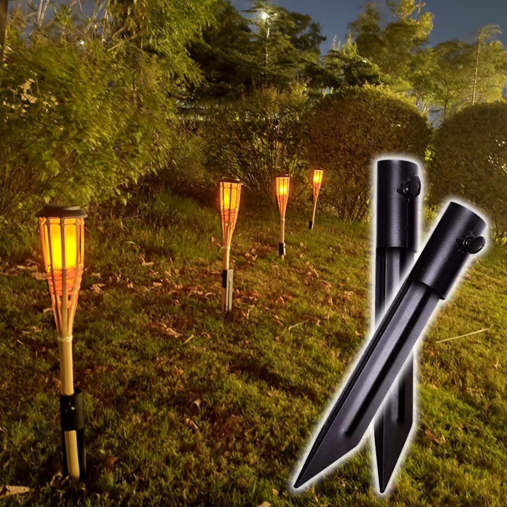 Generic backyard evening scene with stakes and torches creating ambient lighting