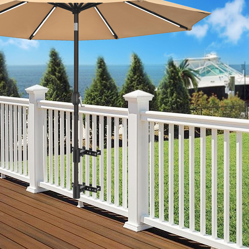 Generic brand balcony lifestyle shot with umbrella providing cool shaded dining area
