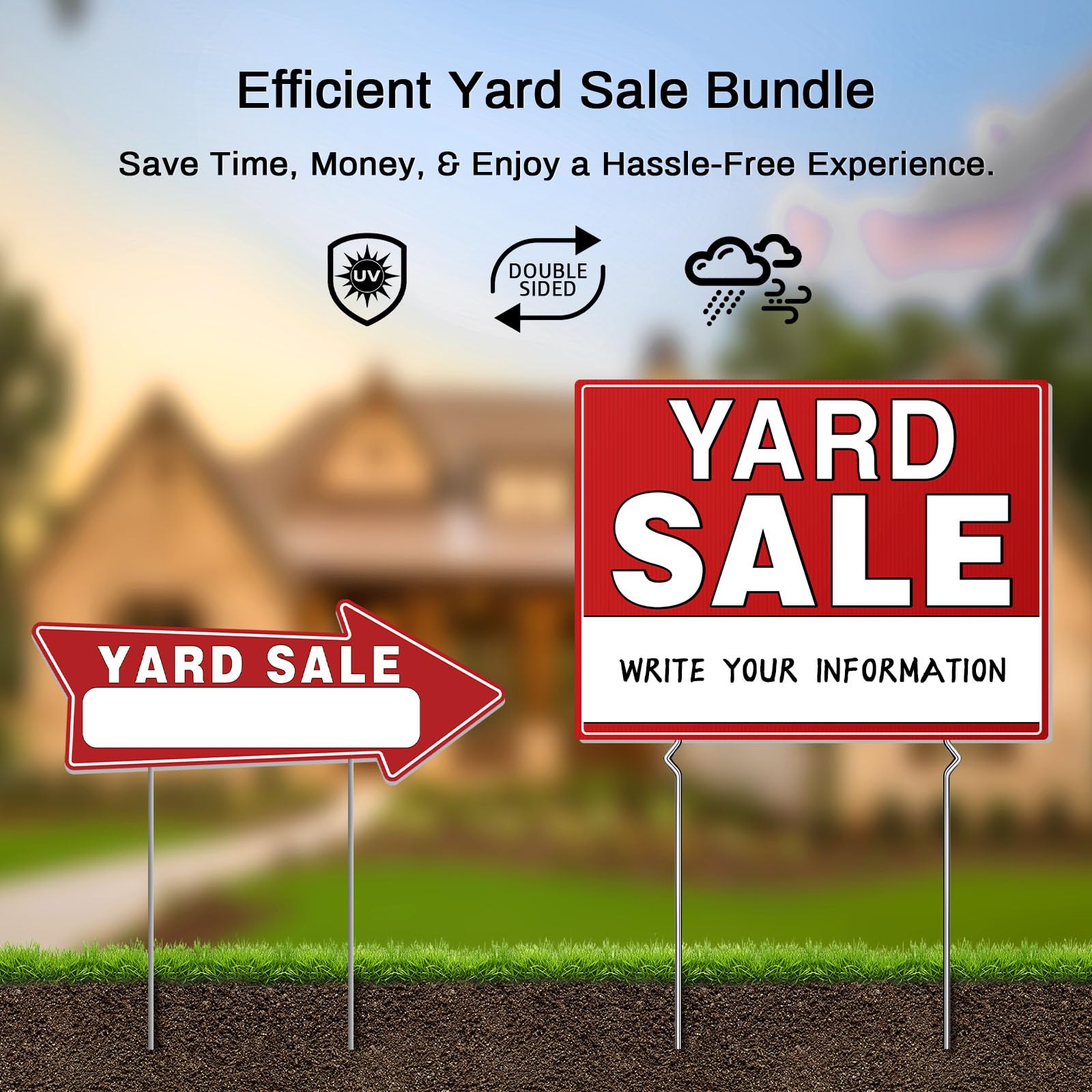 Generic brand yard sale setup with signs and stickers improving shopper navigation