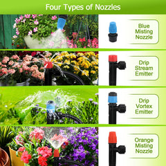 Generic misting nozzles with orange stakes illustrating gentle cooling benefit