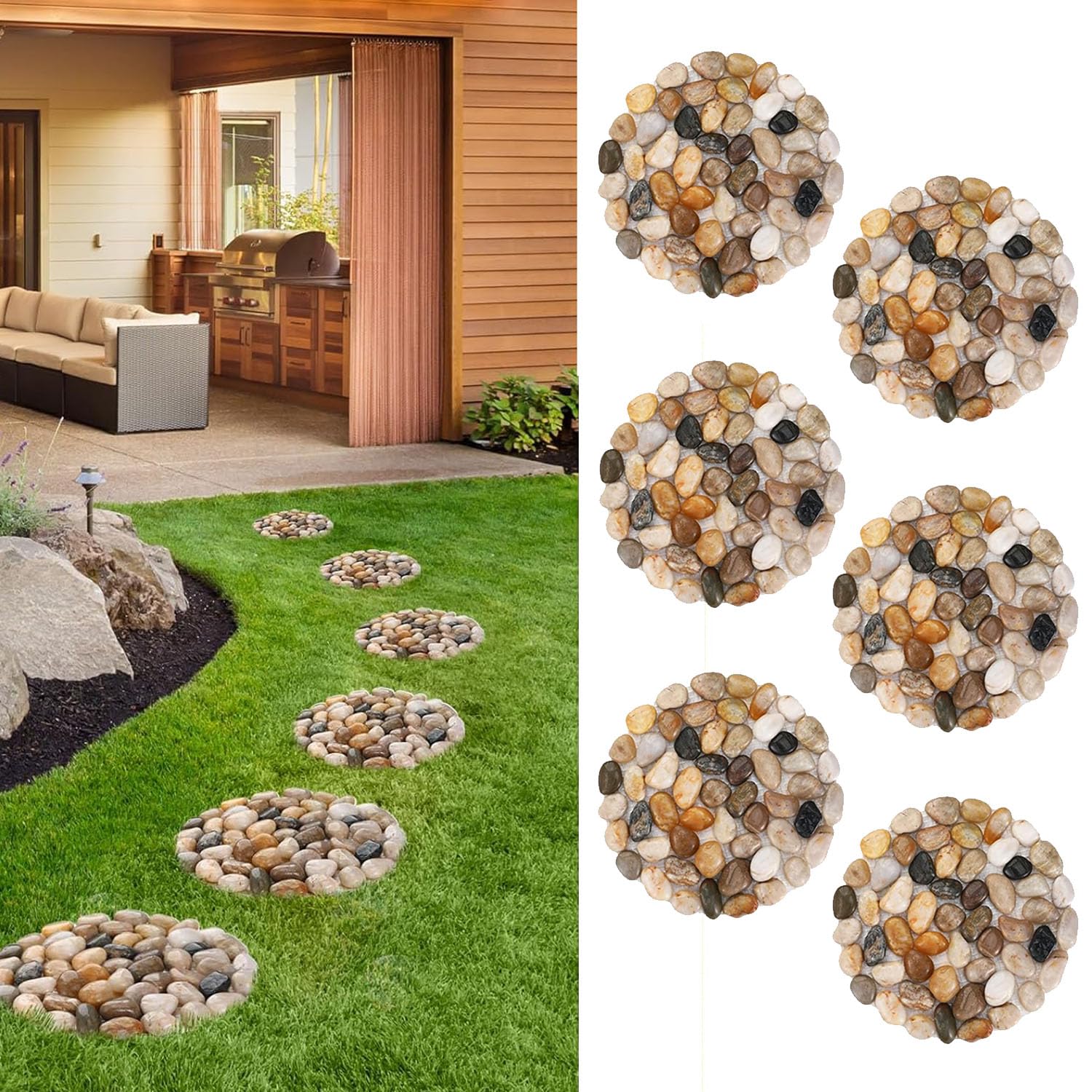Generic brand packaging box with six stepping stones, shows secure set and garden-ready benefit