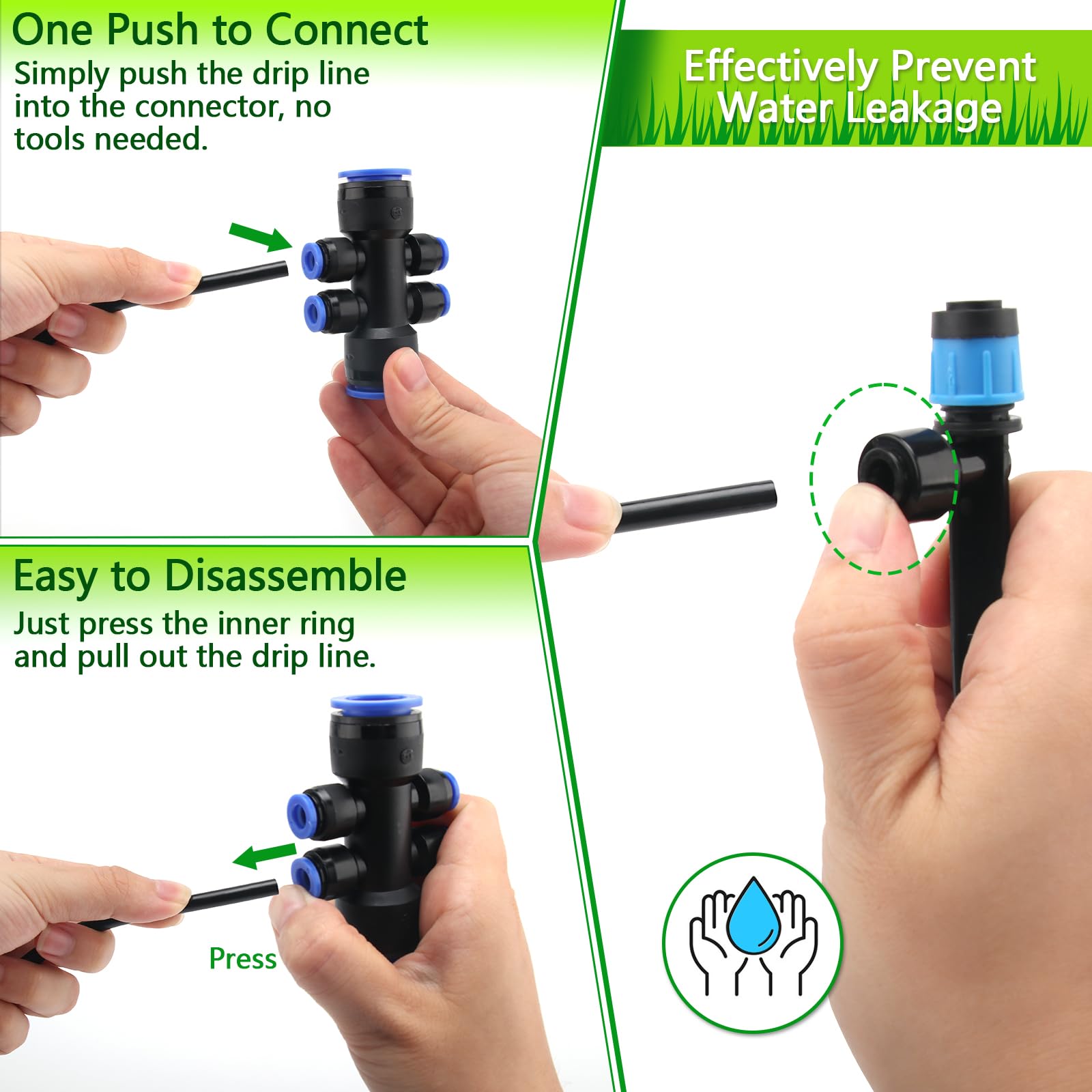 Generic quick-connect fittings detail highlighting leak-resistant assembly benefit