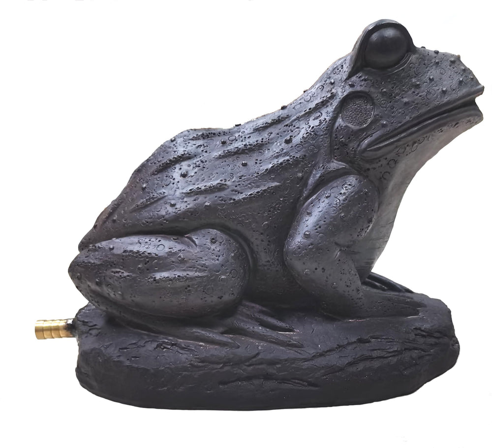 Generic brand resin frog front view showing spout and rustic patina, enhances pond aesthetics