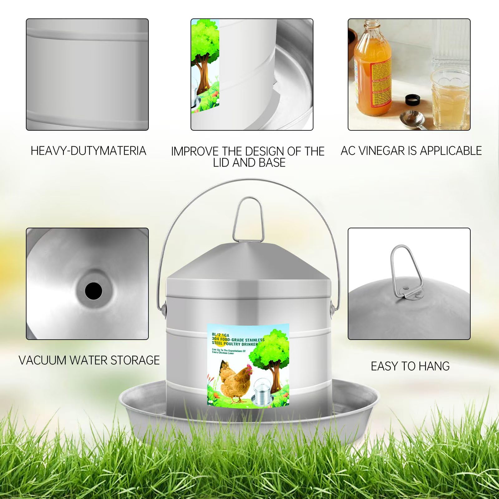 Generic scale comparison beside a bucket illustrating 8L capacity benefit for fewer refills
