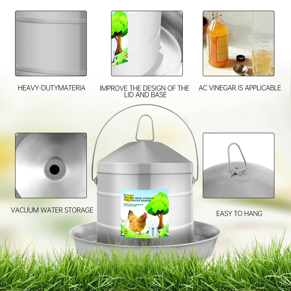 Generic scale comparison beside a bucket illustrating 8L capacity benefit for fewer refills